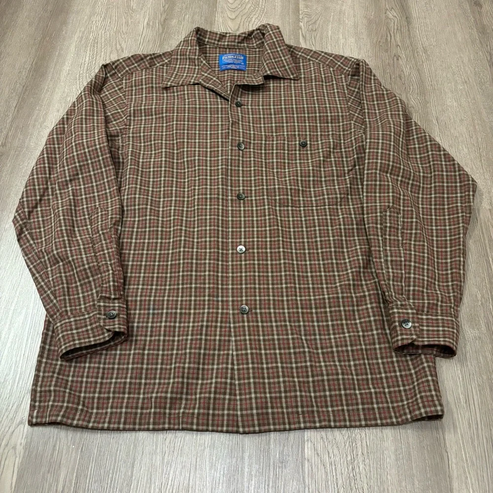 Pendleton 100% Wool Button Down‎ Shirt Tartan Plaid Brown/Red Men’s Medium - Picture 2 of 6